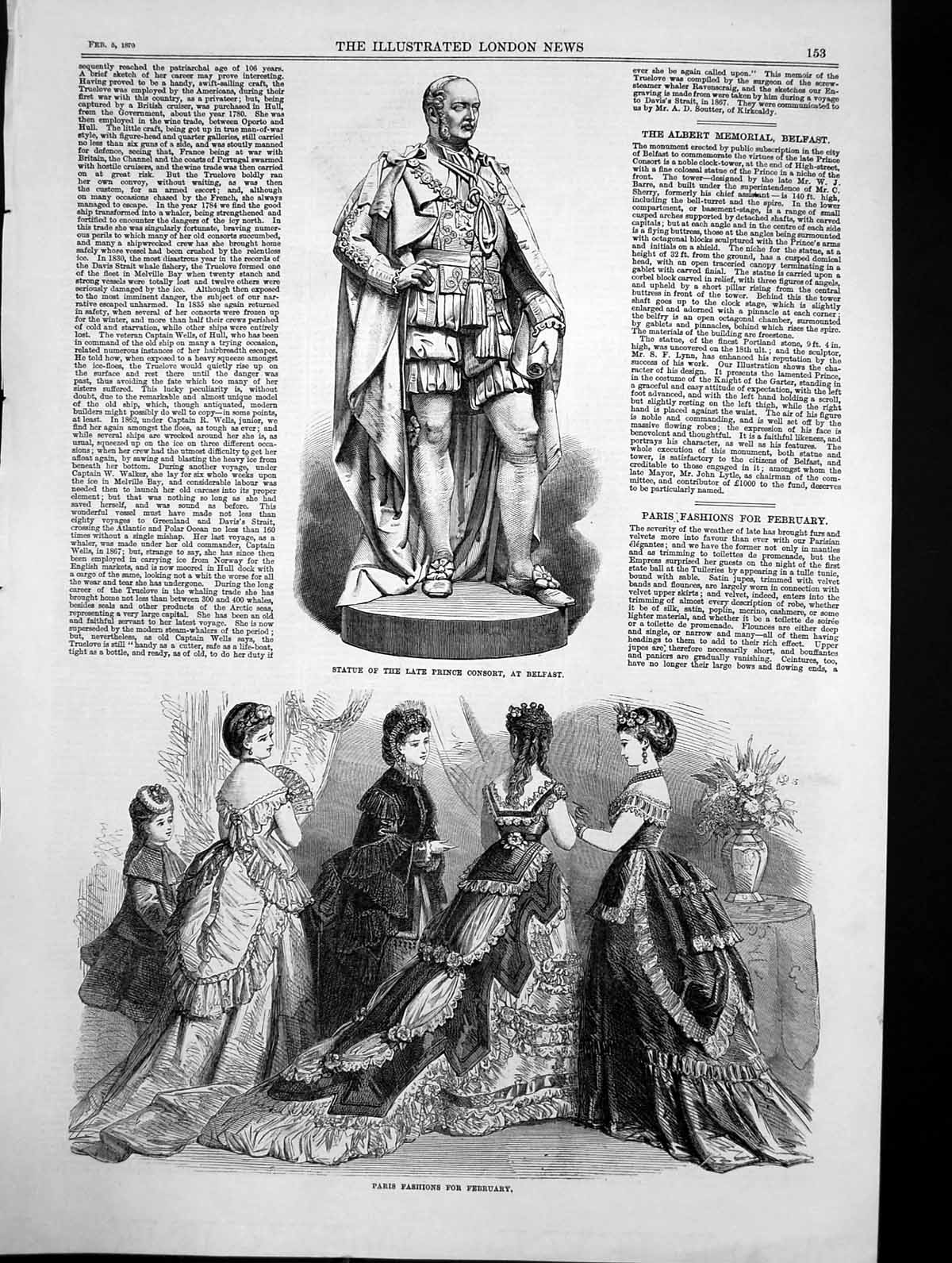 Old Print Statue Late Prince Consort Belfast Paris Fashions February 1870 19th