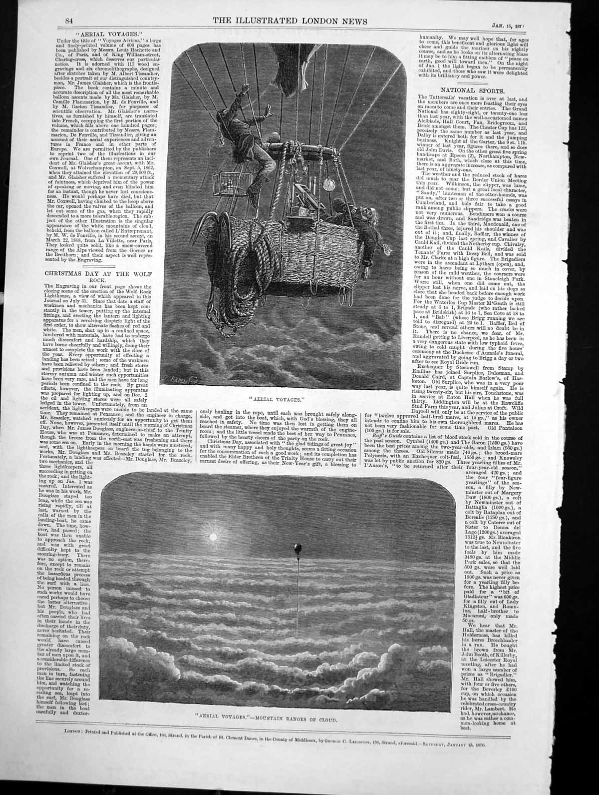 Antique Old Print Aerial Voyages Mountain Ranges Cloud Ascent Balloon 1870 19th
