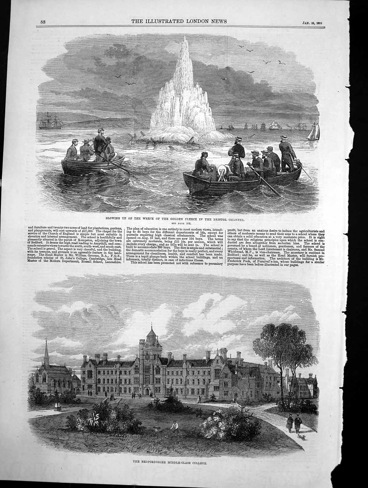 Old Antique Print Bedfordshire College Blowing Up Wreck Gen Fleece 1870 19th