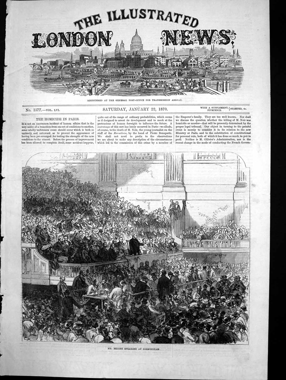 Antique Old Print Mr Bright Speaking Birmingham President Board Trade 1870 19th