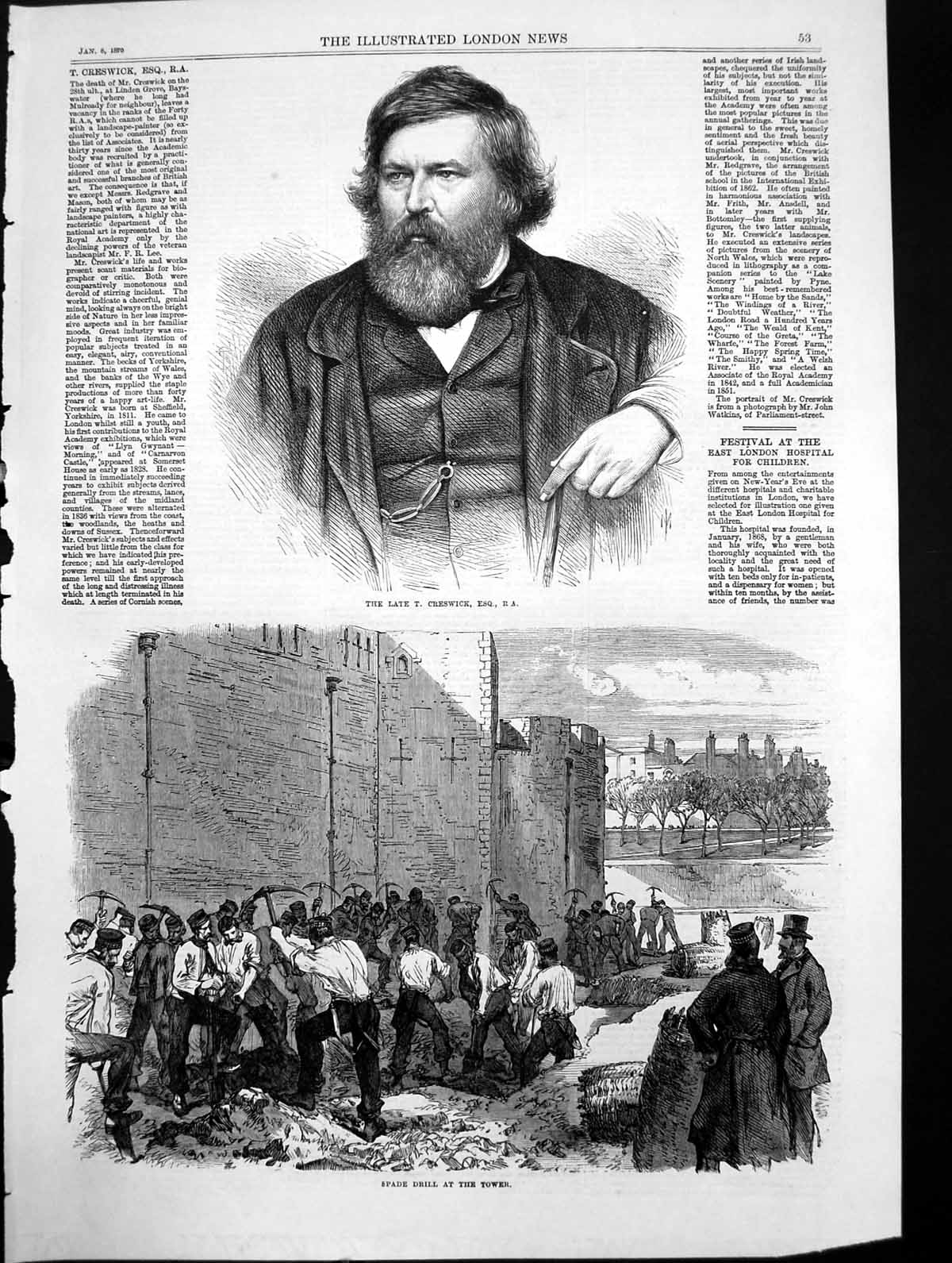 Original Old Antique Print Late T Creswick R A Spade Drill Tower 1870 Victorian