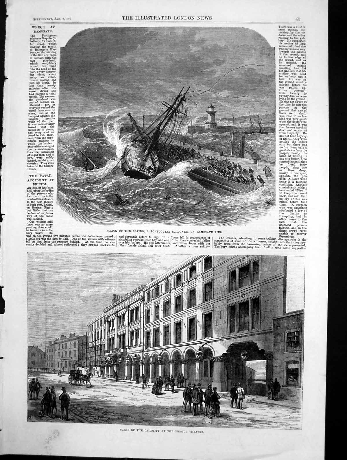 Antique Old Print Wreck Rapido Ramsgate Pier Calamity Bristol Theatre 1870 19th