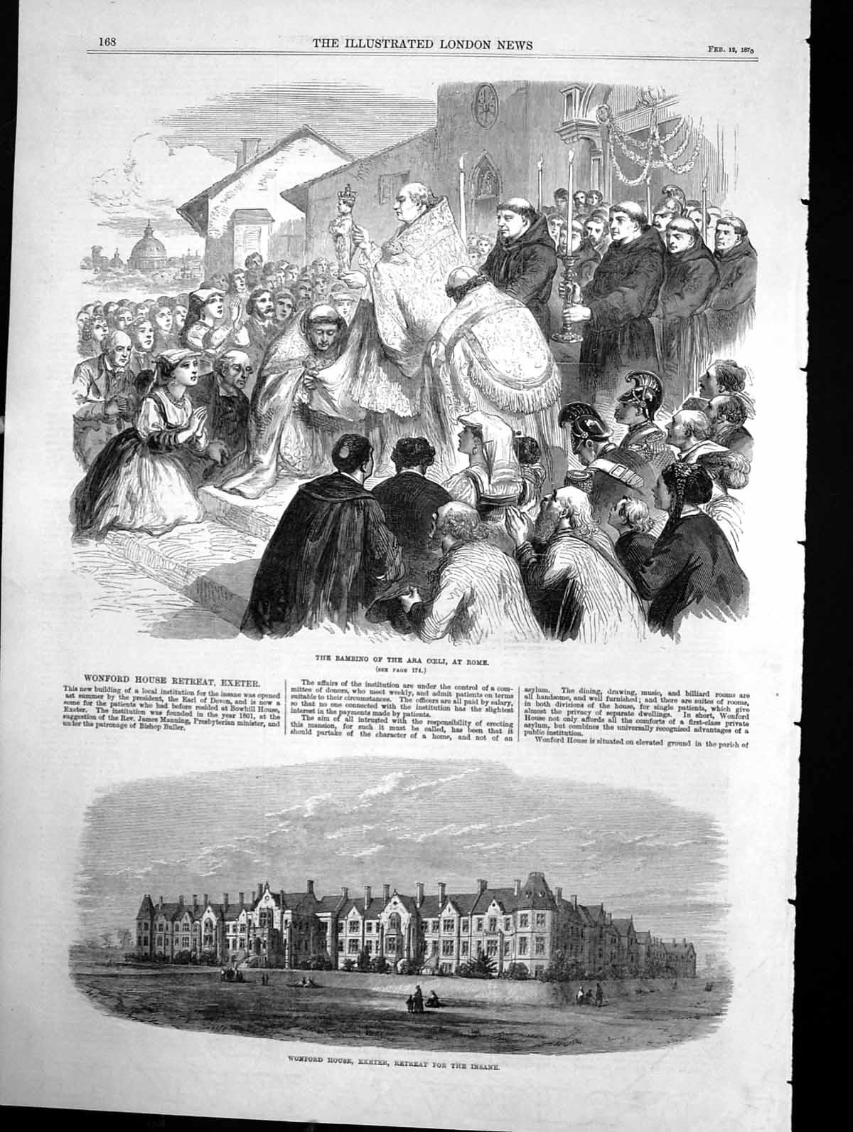 Old Antique Print Bambing Ara Coeli Rome Wonford House Exeter Insane 1870 19th