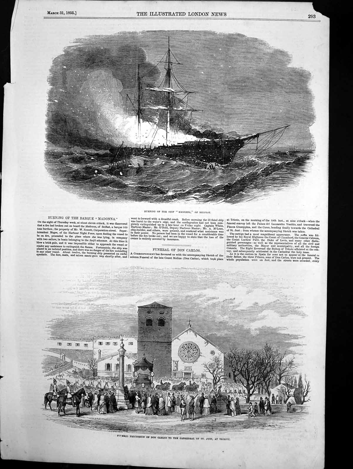 Antique Print Burning Madonna Ship Belfast Funeral Don Carlos Trieste 1855 19th