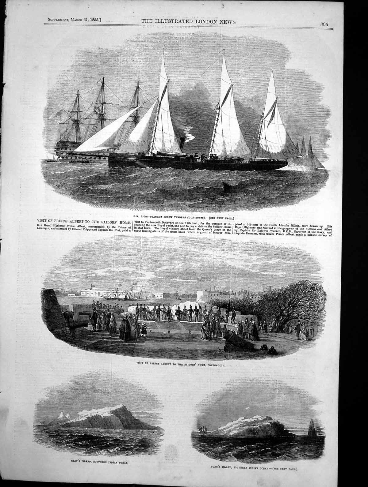 Old Antique Print Hm Gun Boats Prince Albert Portsmouth Greys Island 1855 19th