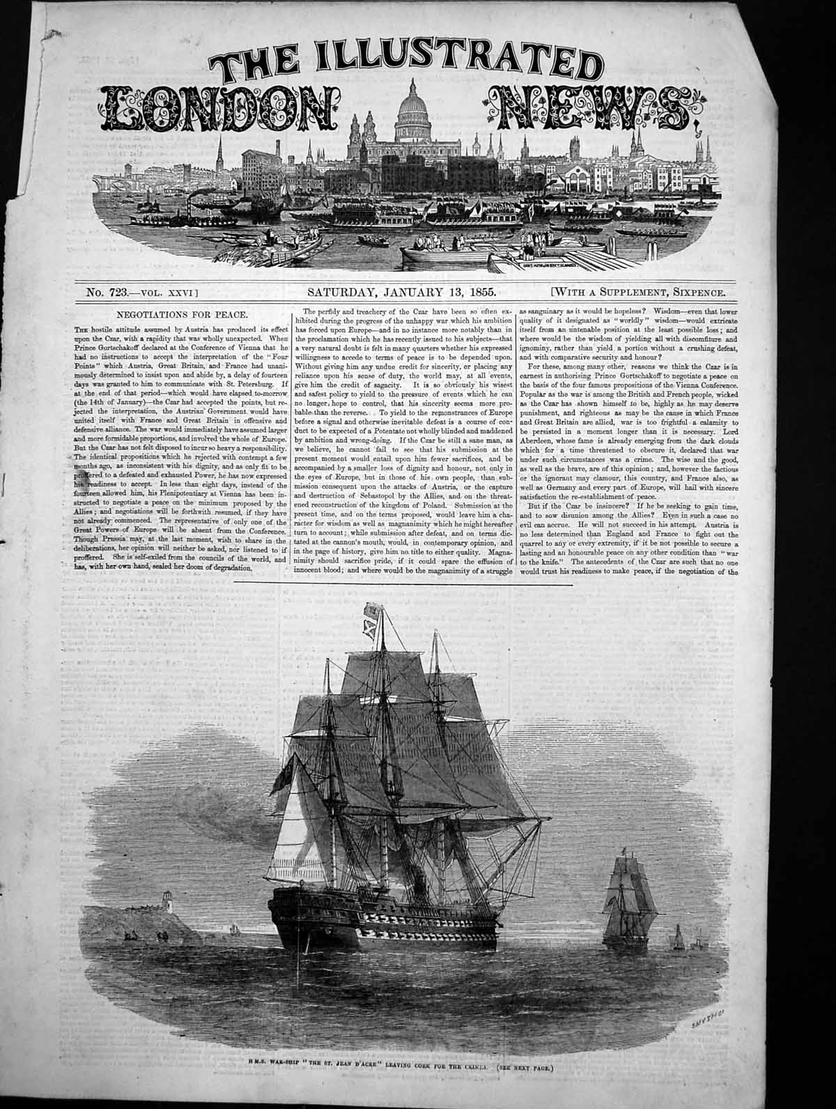 Old Antique Print Hms Warship St Jean D'Acre Leaving Cork For Crimea 1855 19th