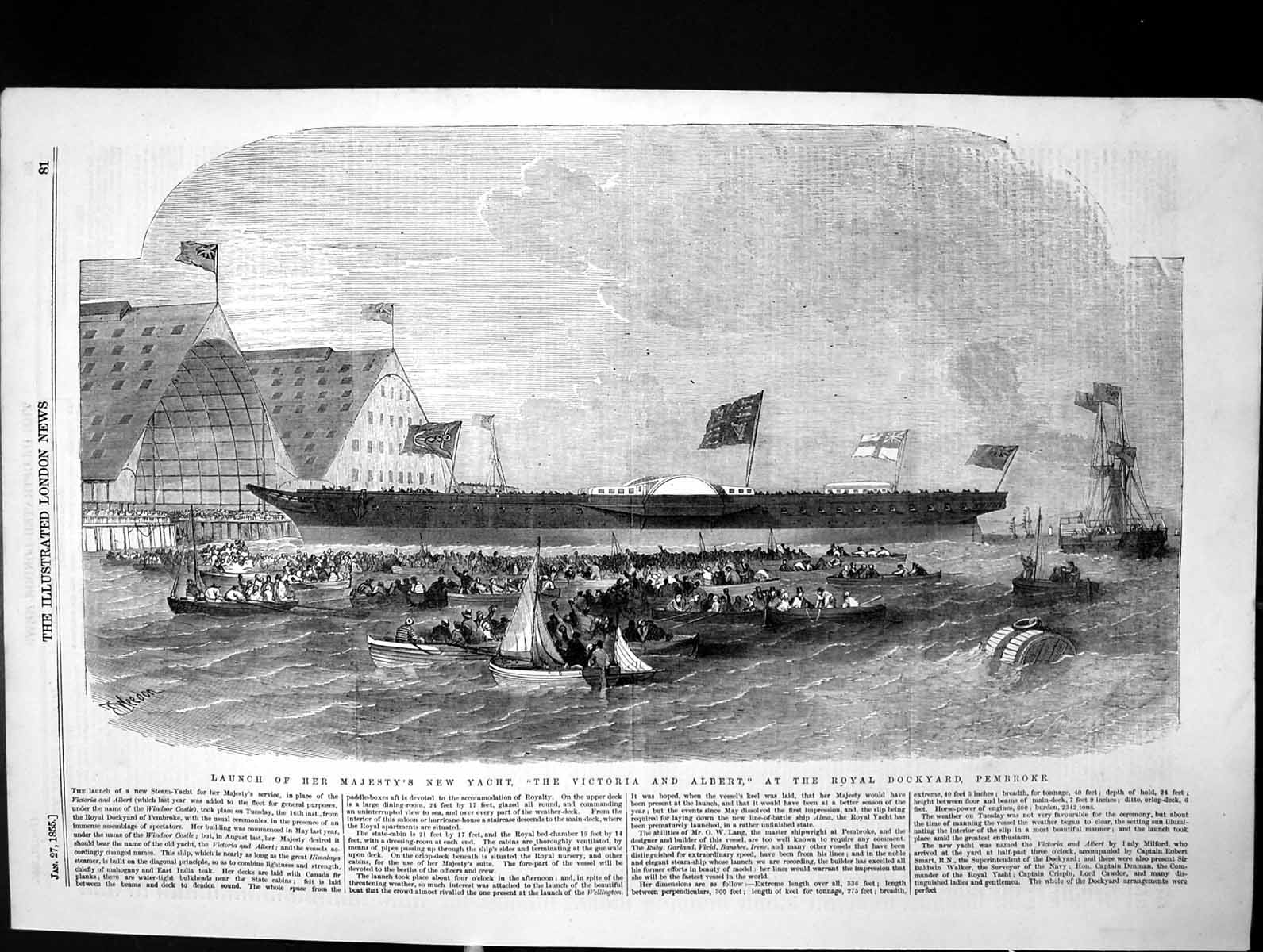 Antique Print Launch Hm Yacht Victoria Albert Royal Dockyard Pembroke 1855 19th