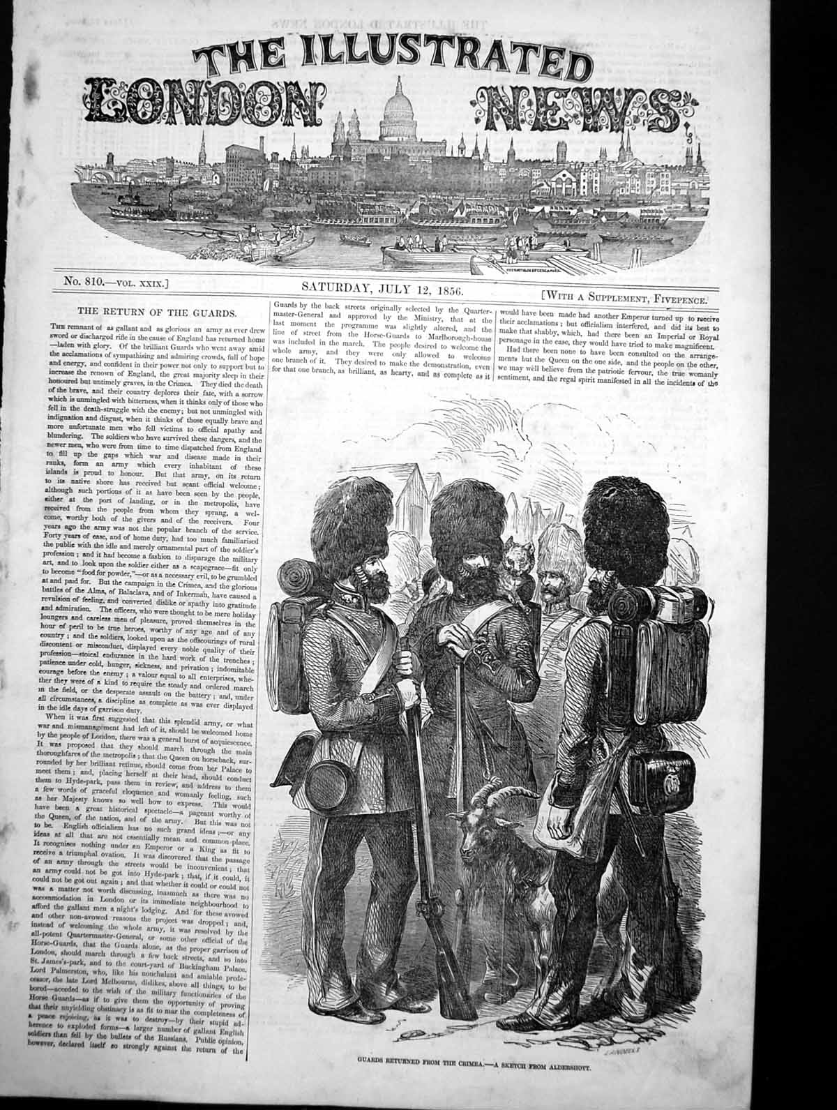Original Old Antique Print Guards Returned From Crimea Goat Aldershot 1856 19th