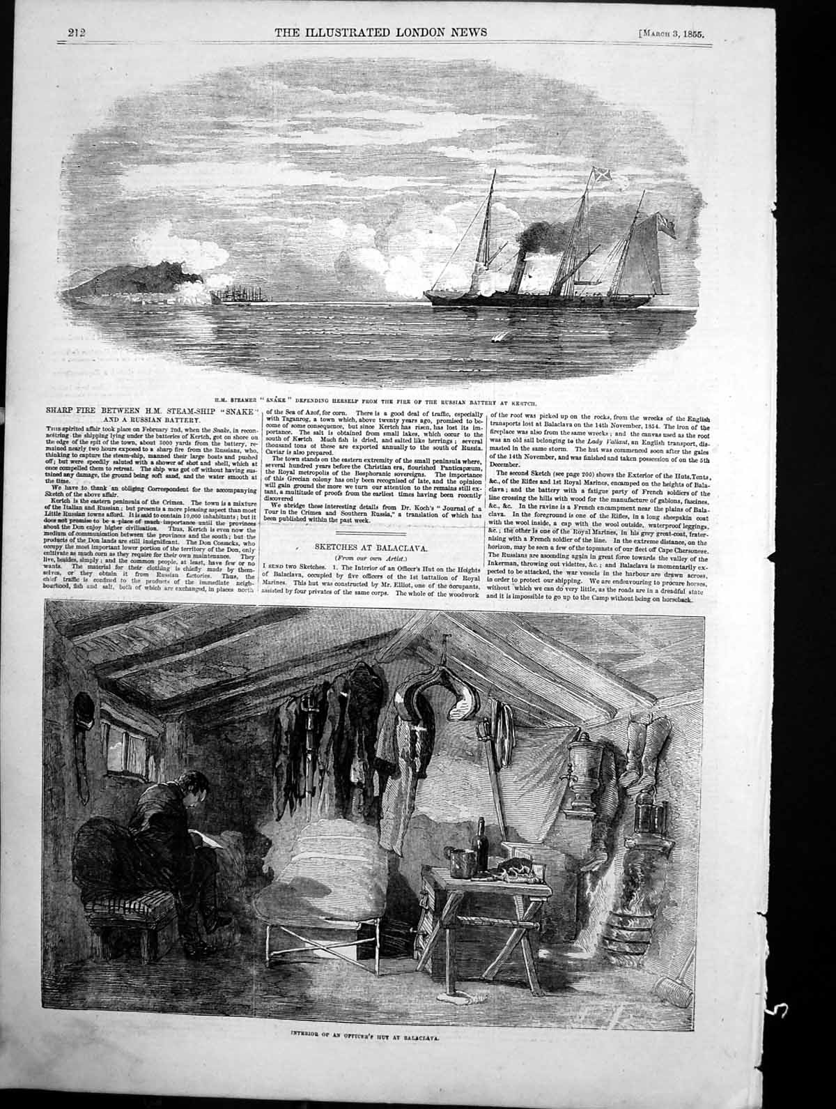 Antique Print Officers Hut Balaclava Hm Steamer Snake Russians Kertch 1855 19th