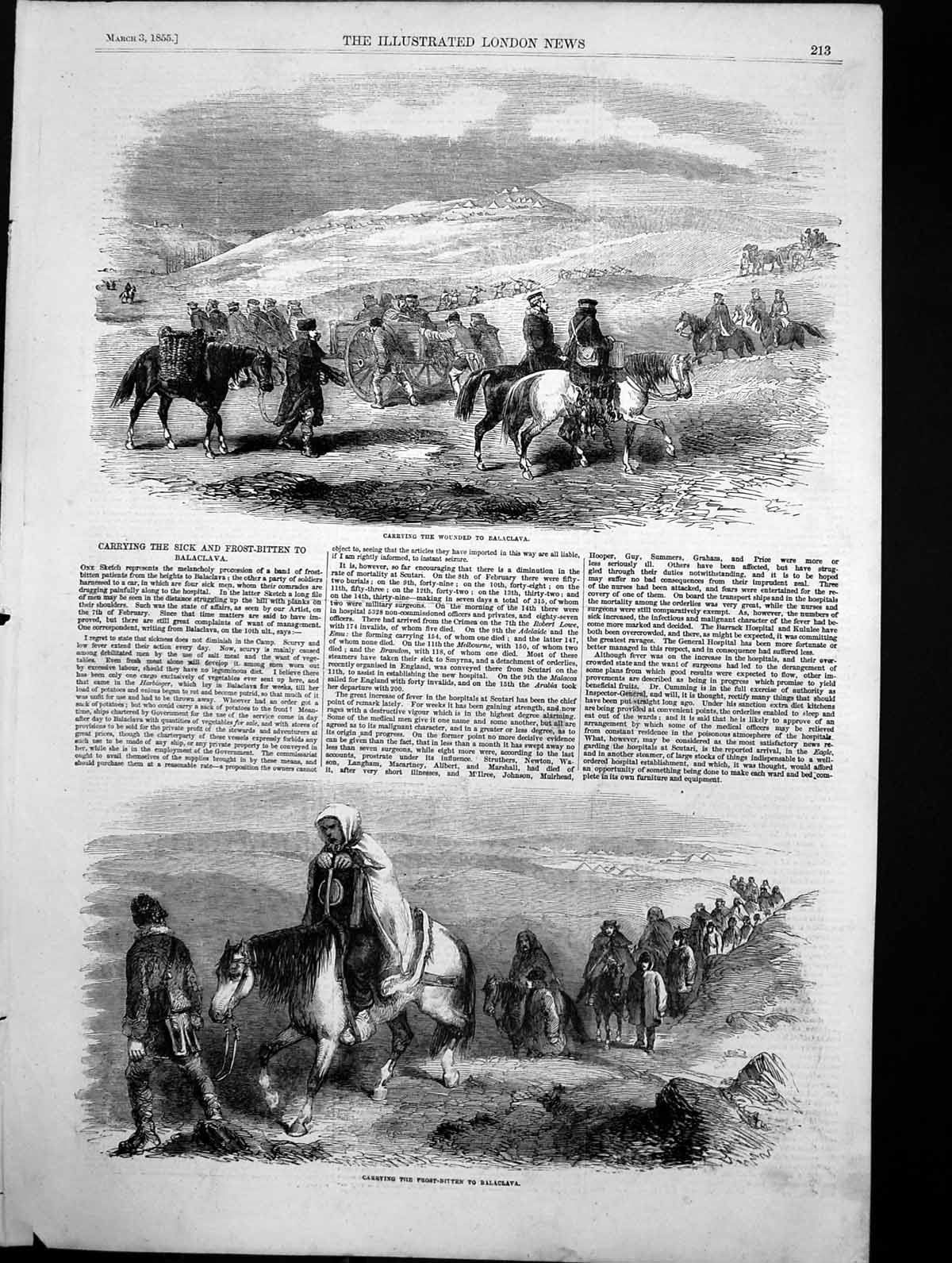 Antique Old Print Carrying Wounded Frost Bitten Balaclava Horses Waggon 1855