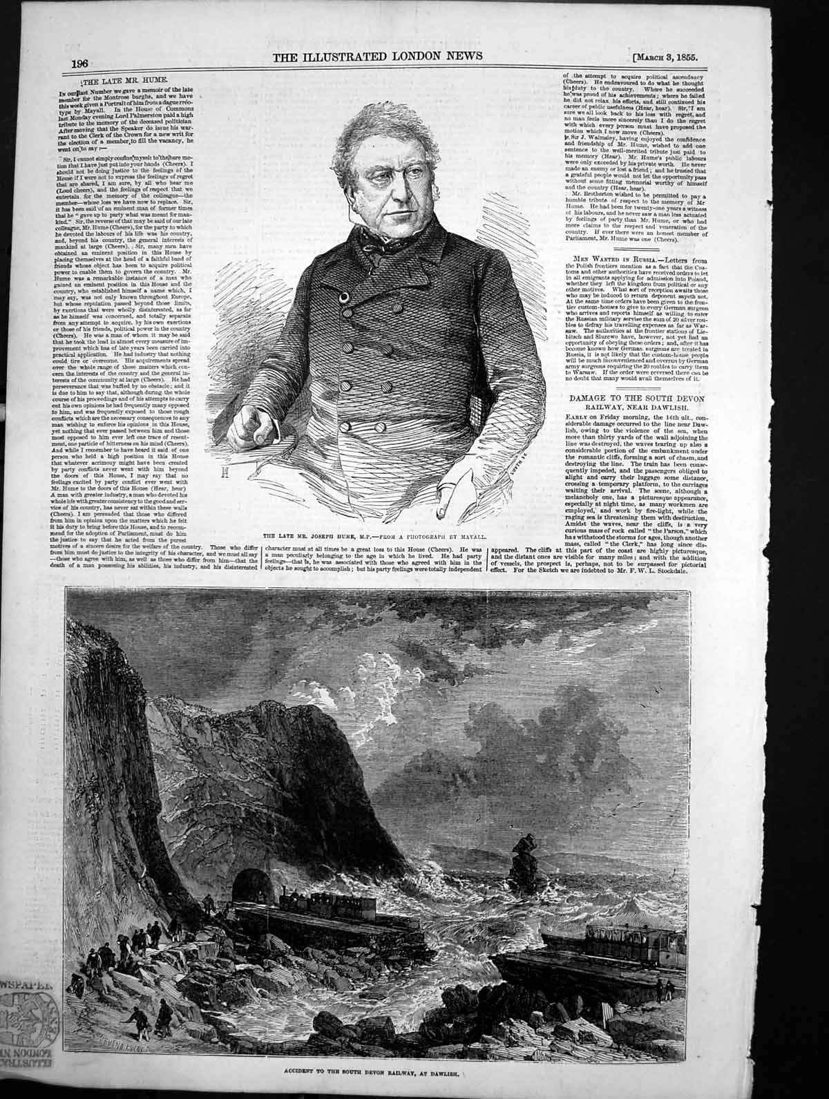 Antique Old Print Accident South Devon Railway Dawlish Joseph Hume M P 1855