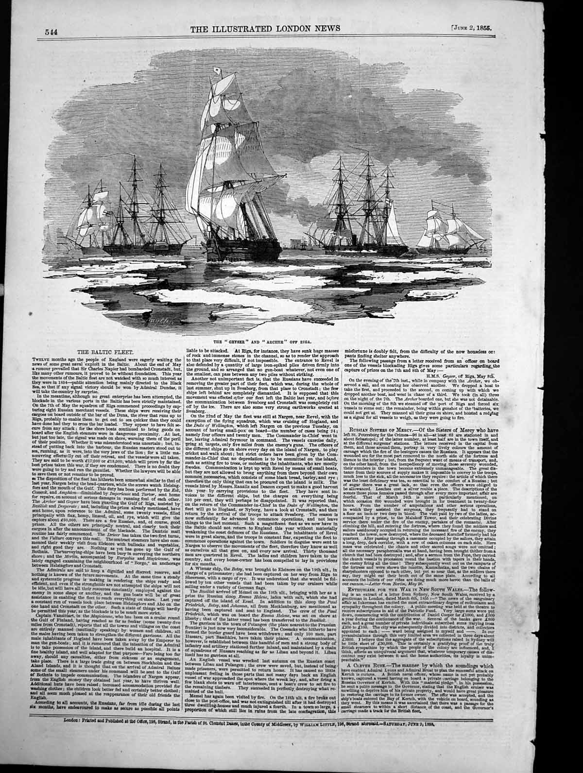 Original Old Antique Print Ships Geyser Archer Off Riga Baltic Fleet 1855 19th