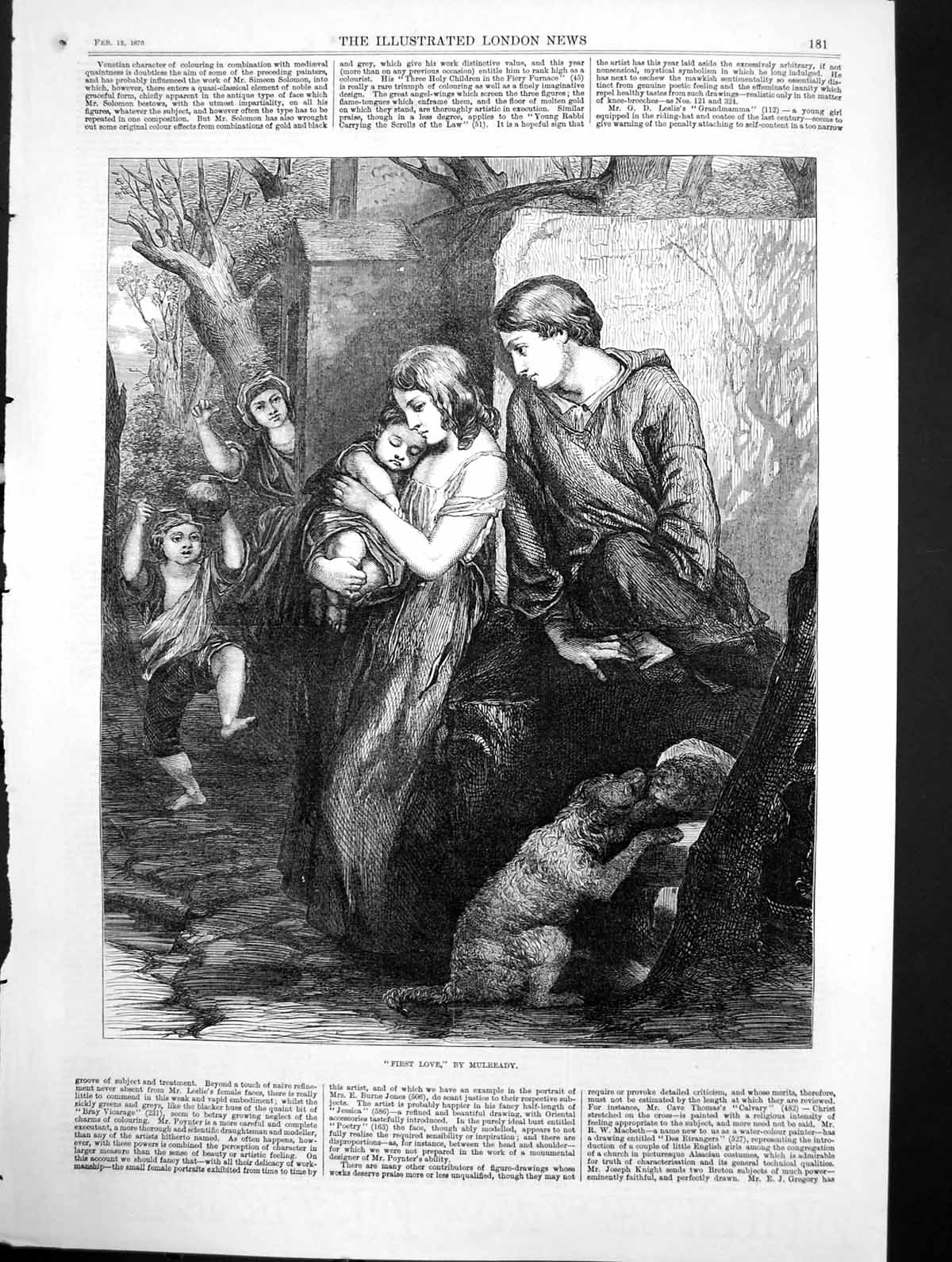 Antique Old Print First Love Mulready Girl Hing Infant Brother Family 1870 19th