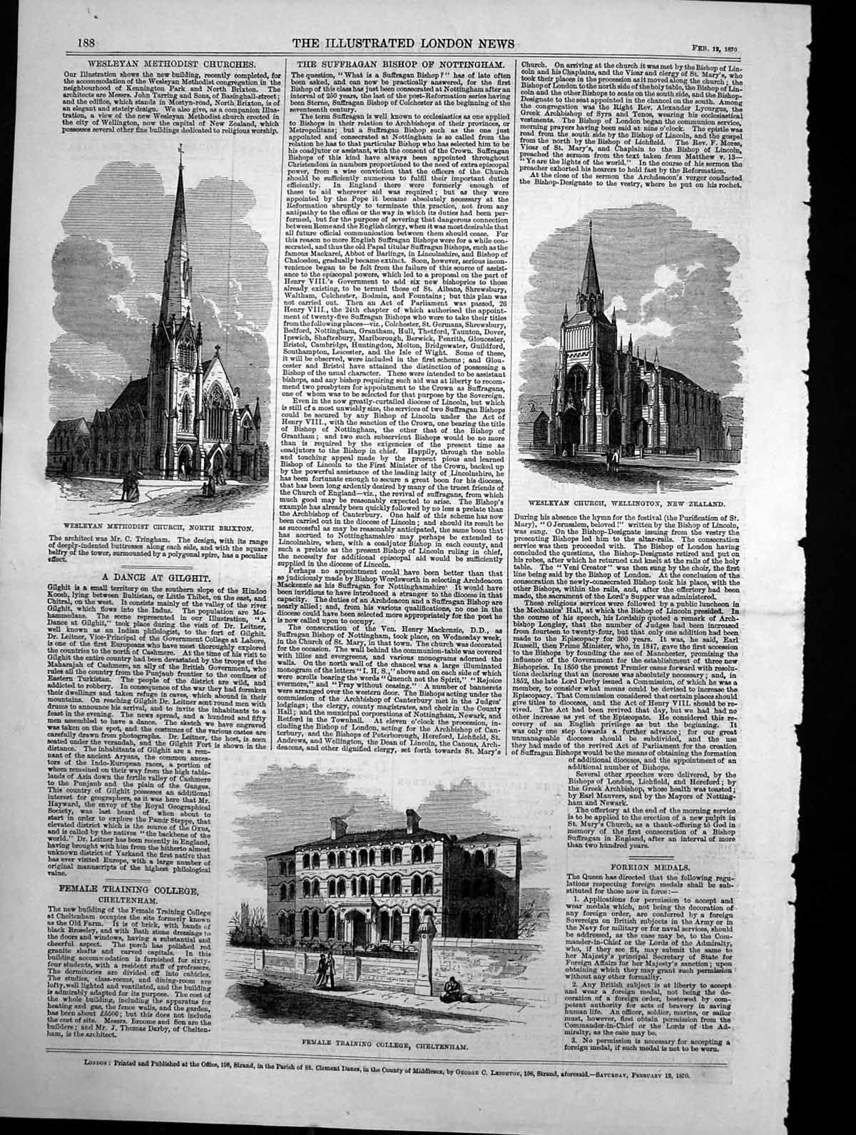 Antique Old Print Wesleyan Church Wellington Brixton College Cheltenham 1870