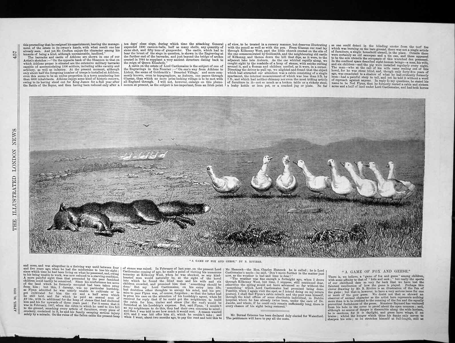 Antique Old Print Game Fox Geese B Riviere Fox Lying Down Geese Nearbye 1870