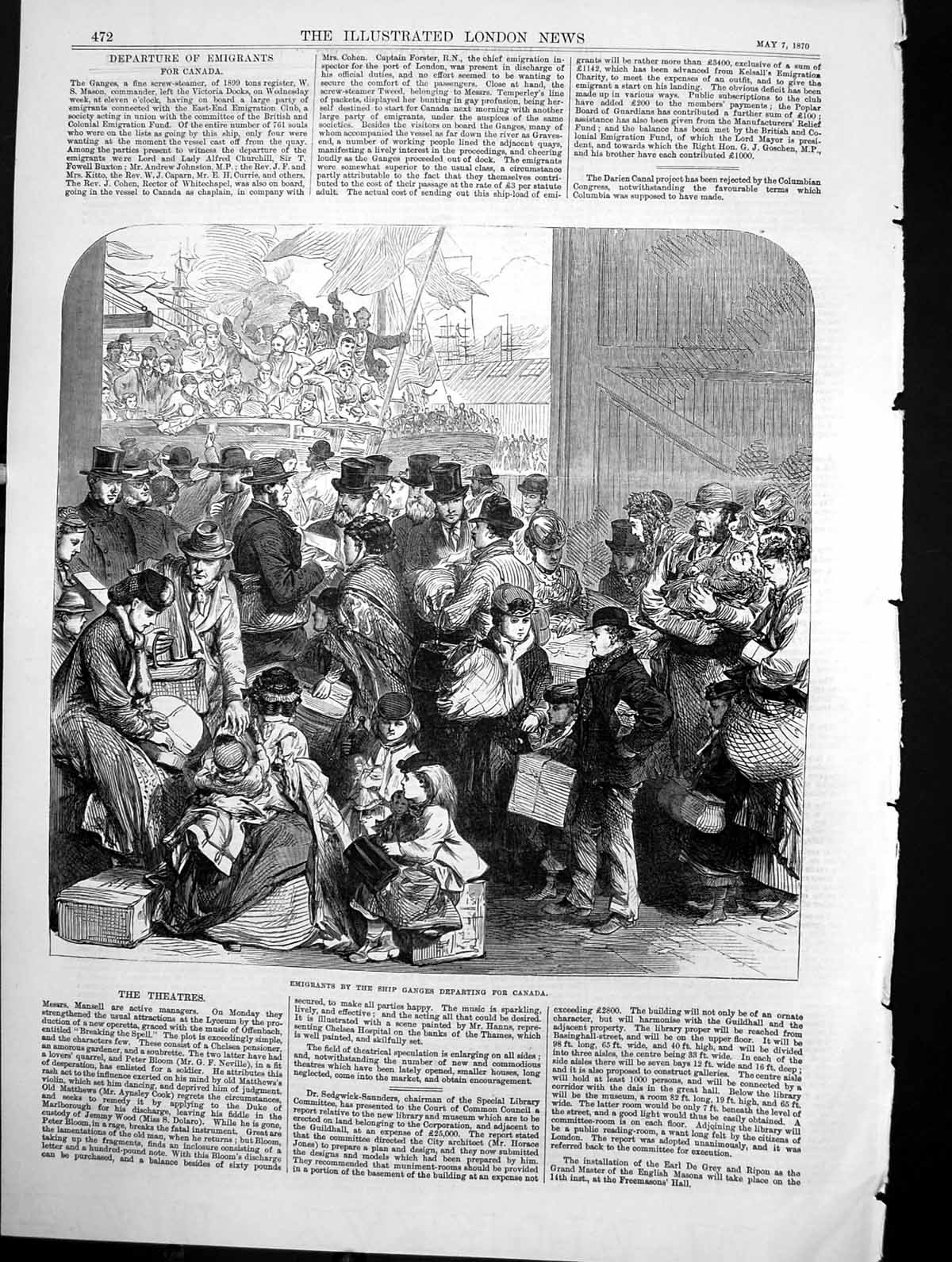 Original Old Antique Print Emigrants Ship Ganges Departing Canada Luggage 1870