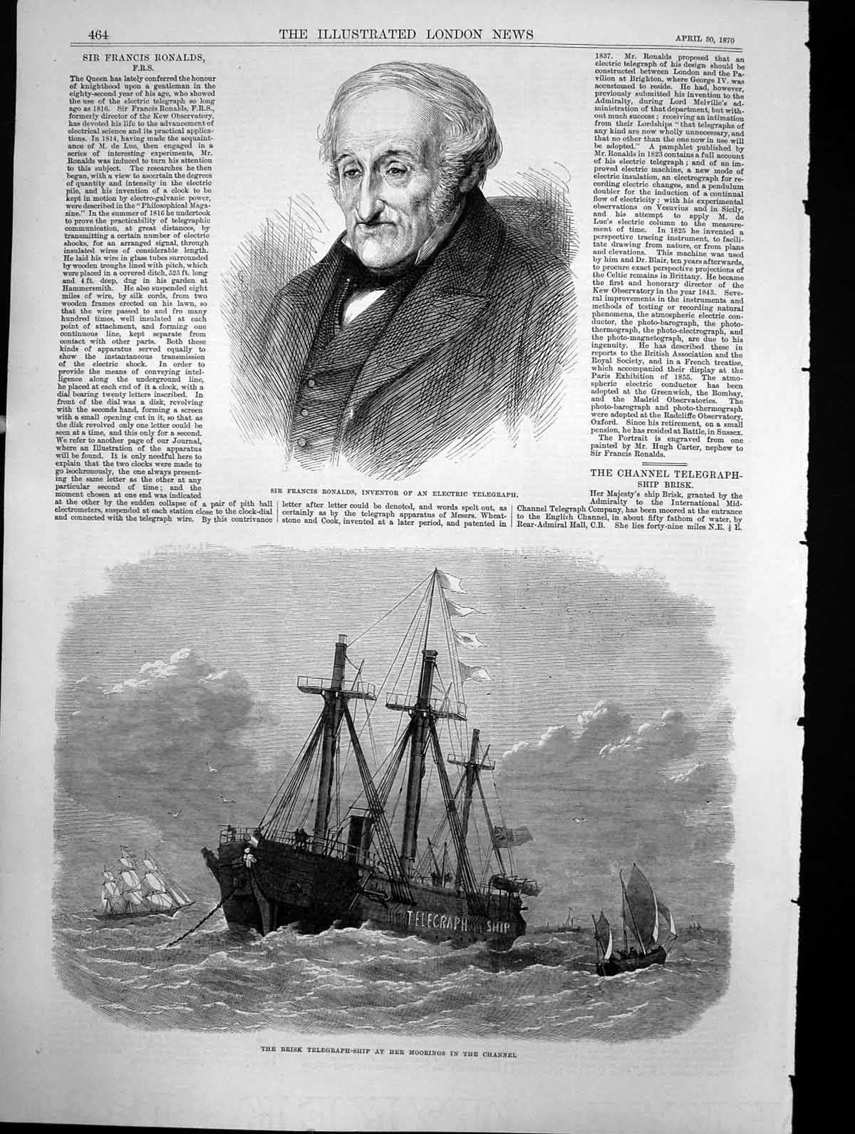 Antique Print Francis Ronalds Inventor Telegraph Ship Moorings Channel 1870