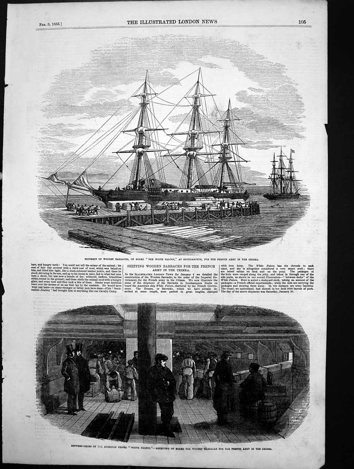 Original Old Antique Print Wooden Barracks Onboard White Cloud Southampton 1855
