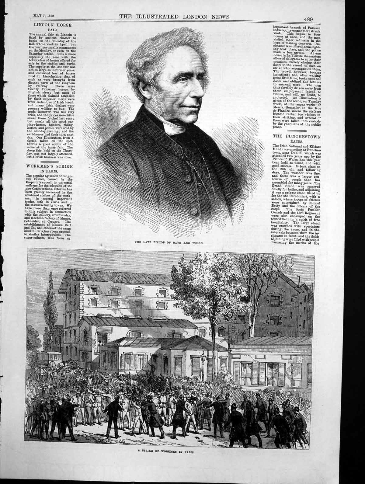 Original Old Antique Print Late Bishop Bath Wells Strike Workmen Paris 1870
