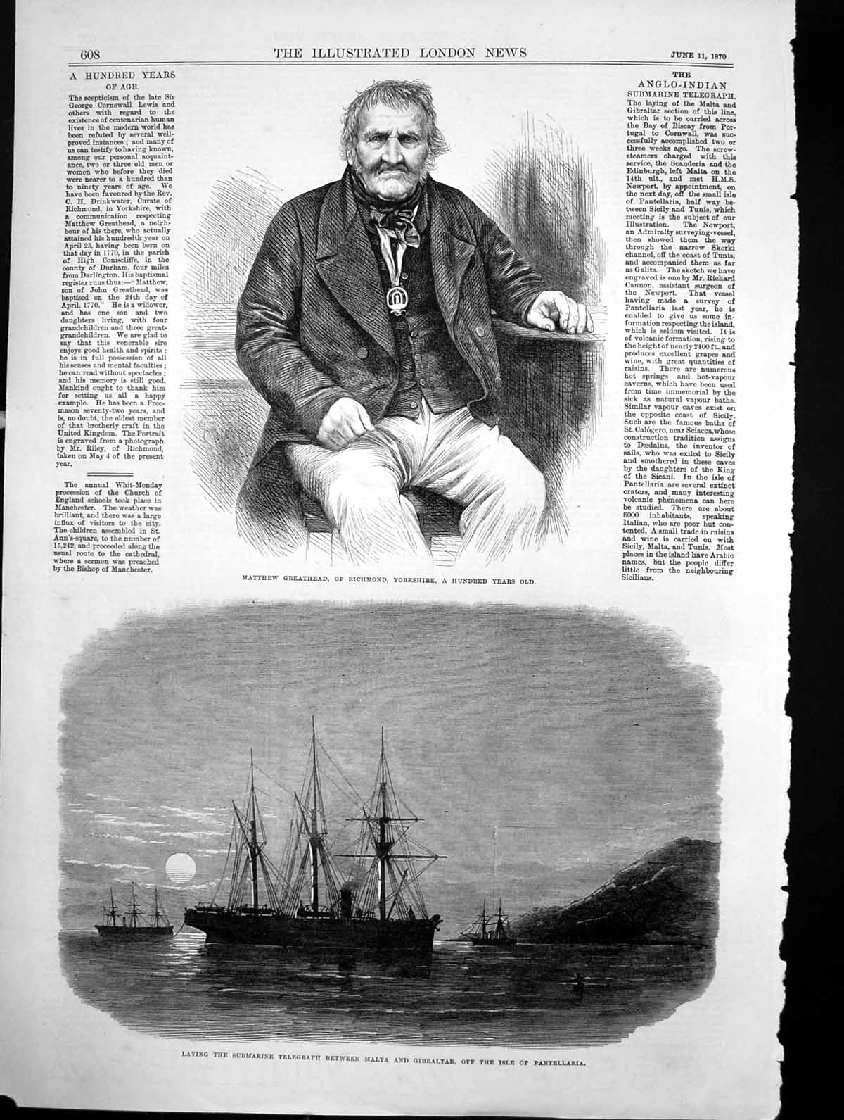 Antique Print Matthew Greathead Laying Submarine Telegraph Pantellaria1870 19th