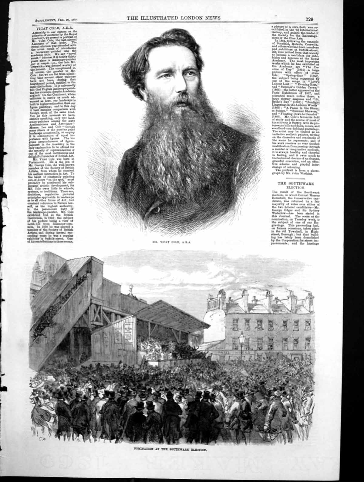 Original Old Antique Print Vicat Cole Ara Nomination Southwark Election 1870