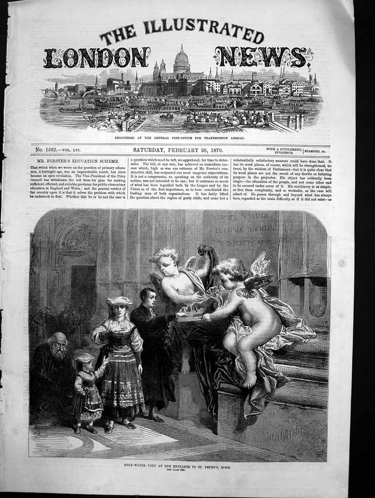 Original Old Antique Print Holy Water Font Entrance St Peters Rome 1870 19th