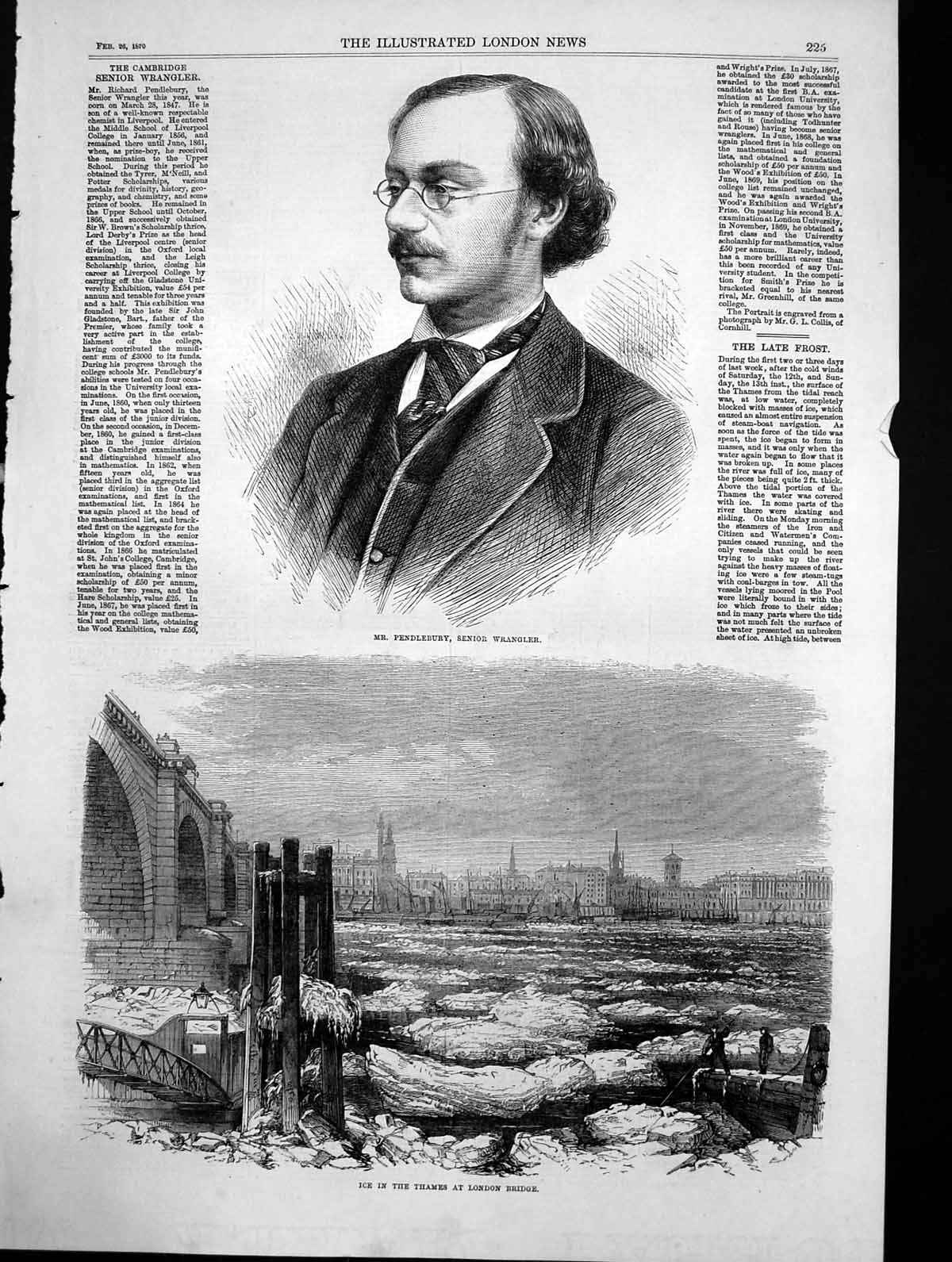 Antique Old Print Mr Pendlebury Senior Wrangler Ice Thames London Bridge 1870