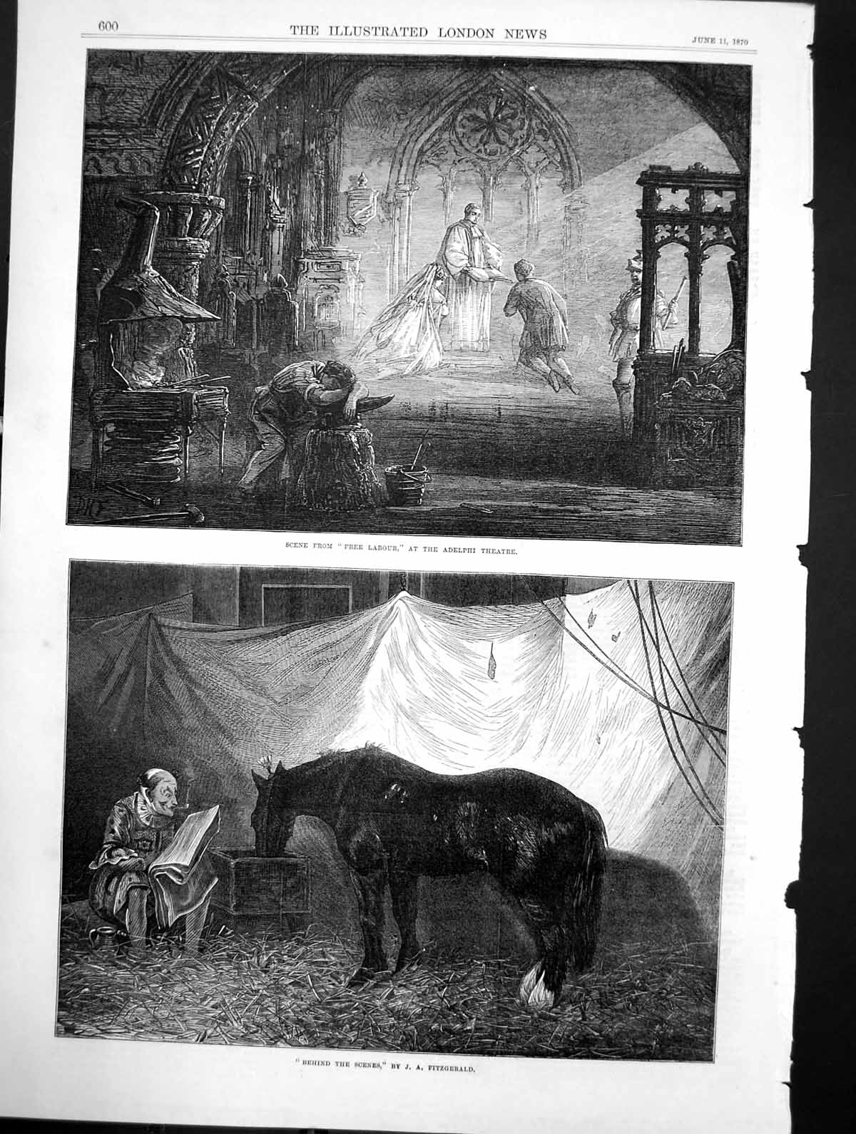 Antique Print Behind Scenes Horse Feeding Free Labour Adelphi Theatre 1870 19th