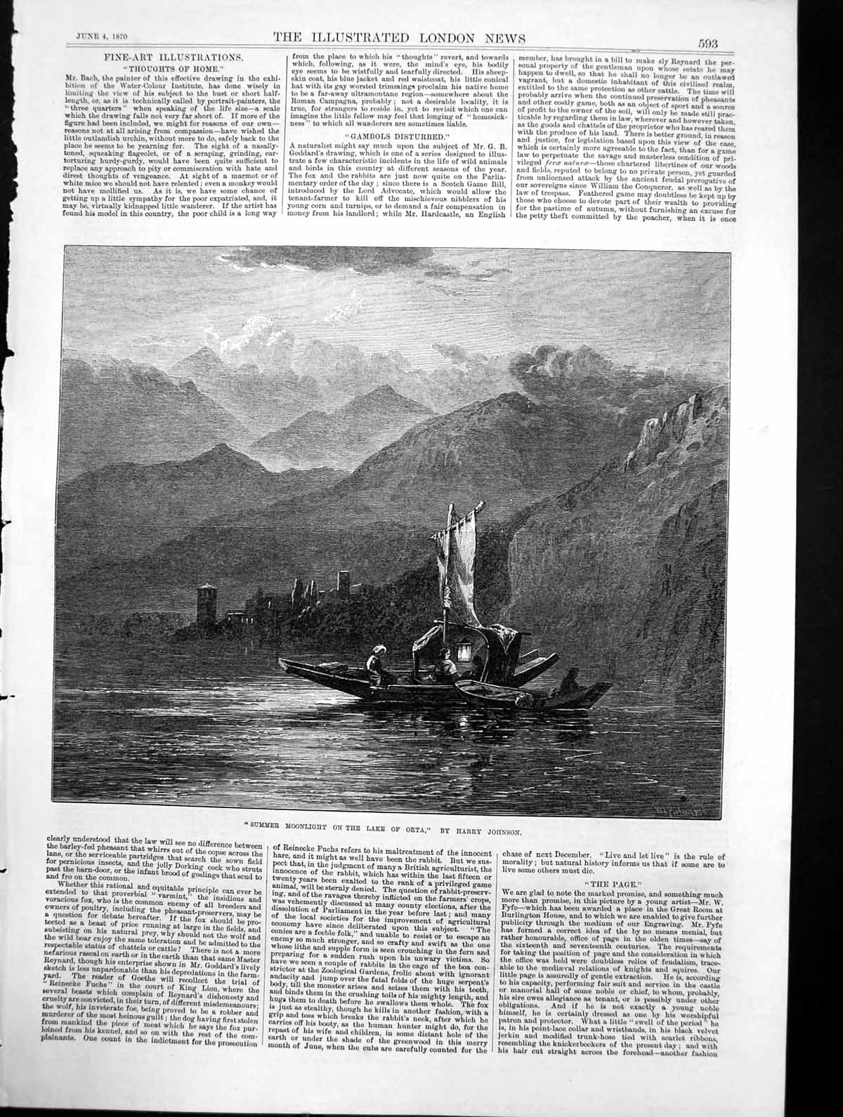 Antique Old Print Summer Moonlight Lake Orta Harry Johnson Small Boats 1870