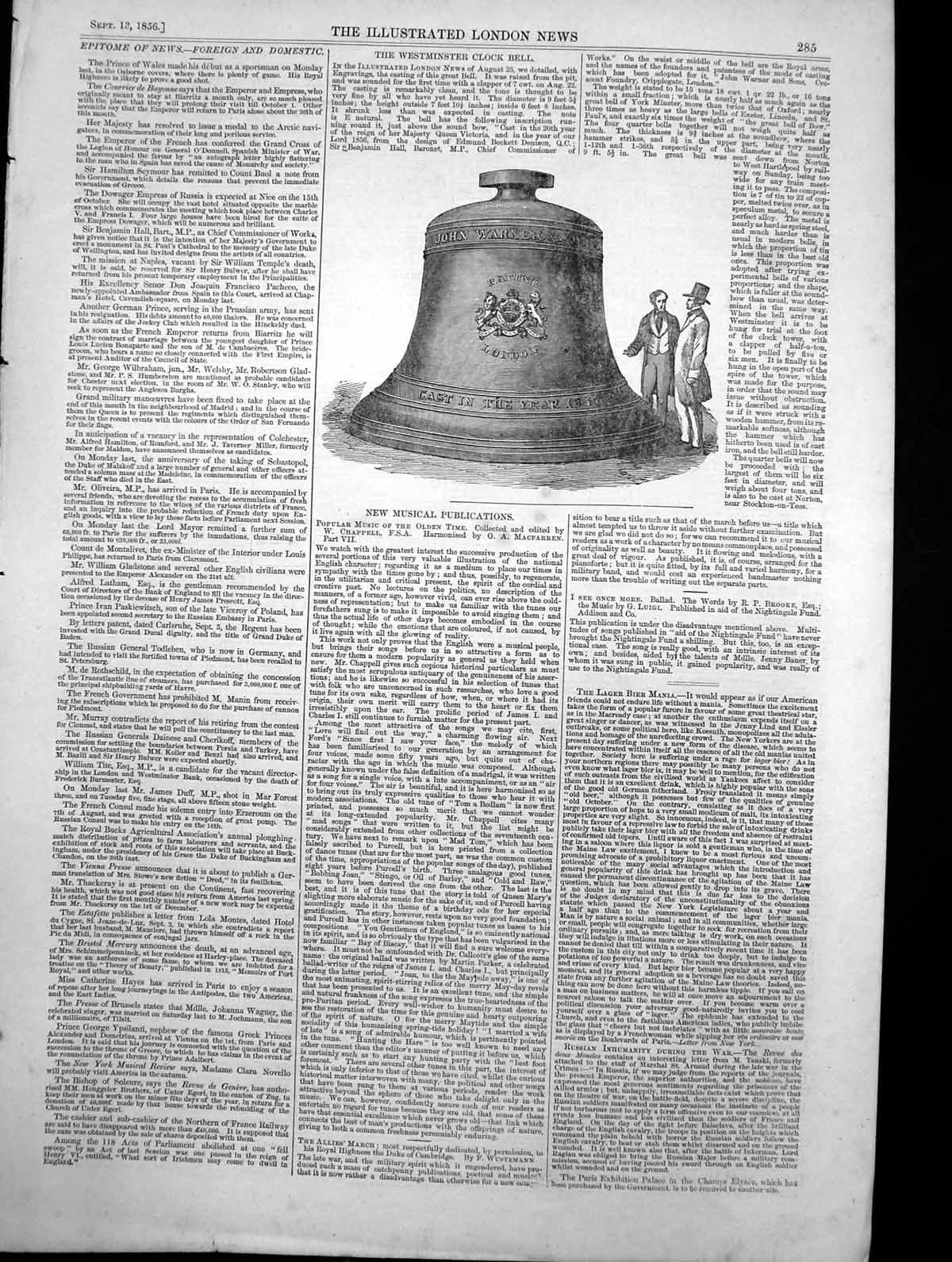 Old Antique Print Westminster Clock Bell Raised From Pit Royal Arms 1856 19th