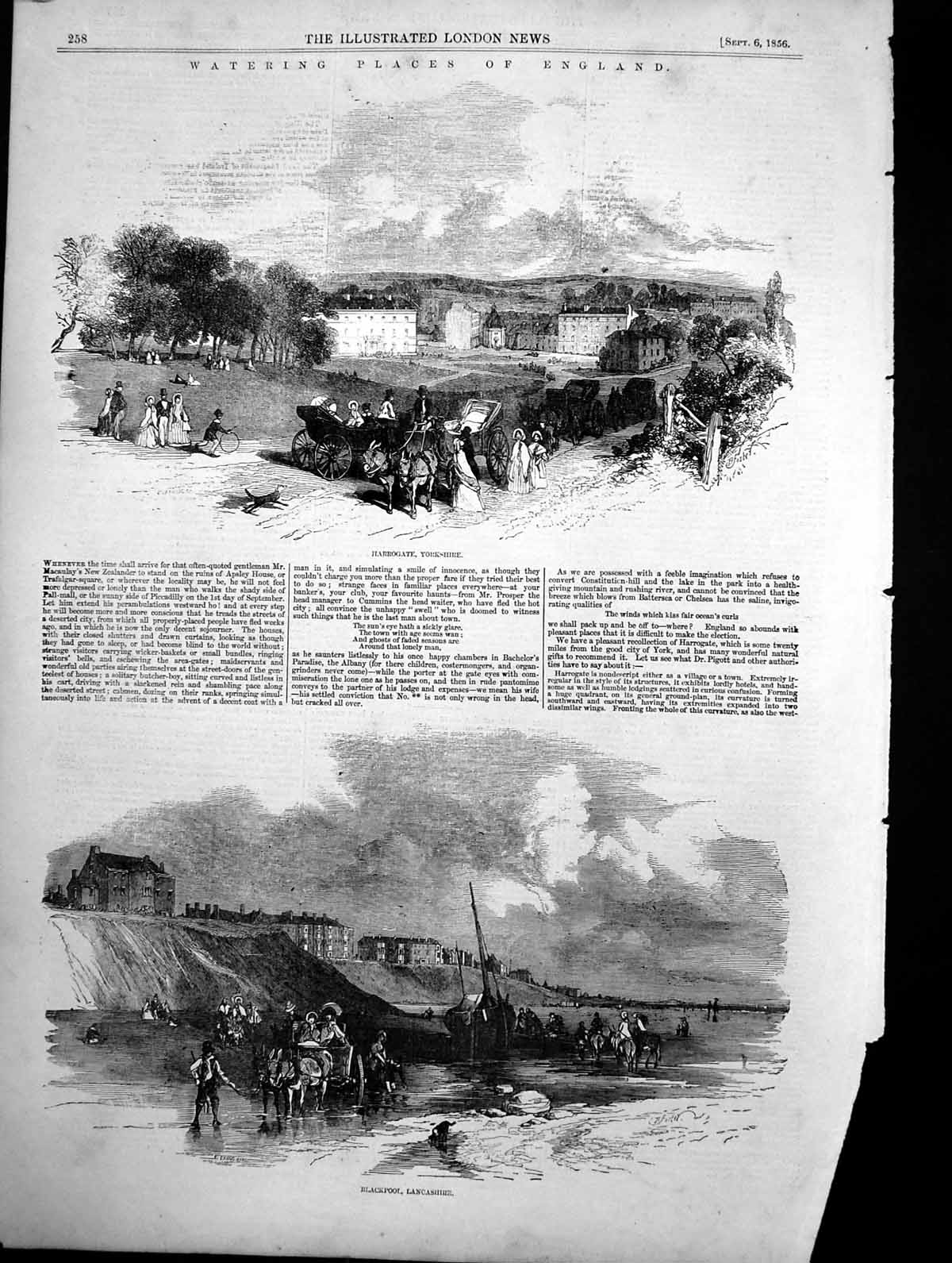 Antique Old Print Watering Places England Harrogate Yorkshire Blackpool 1856
