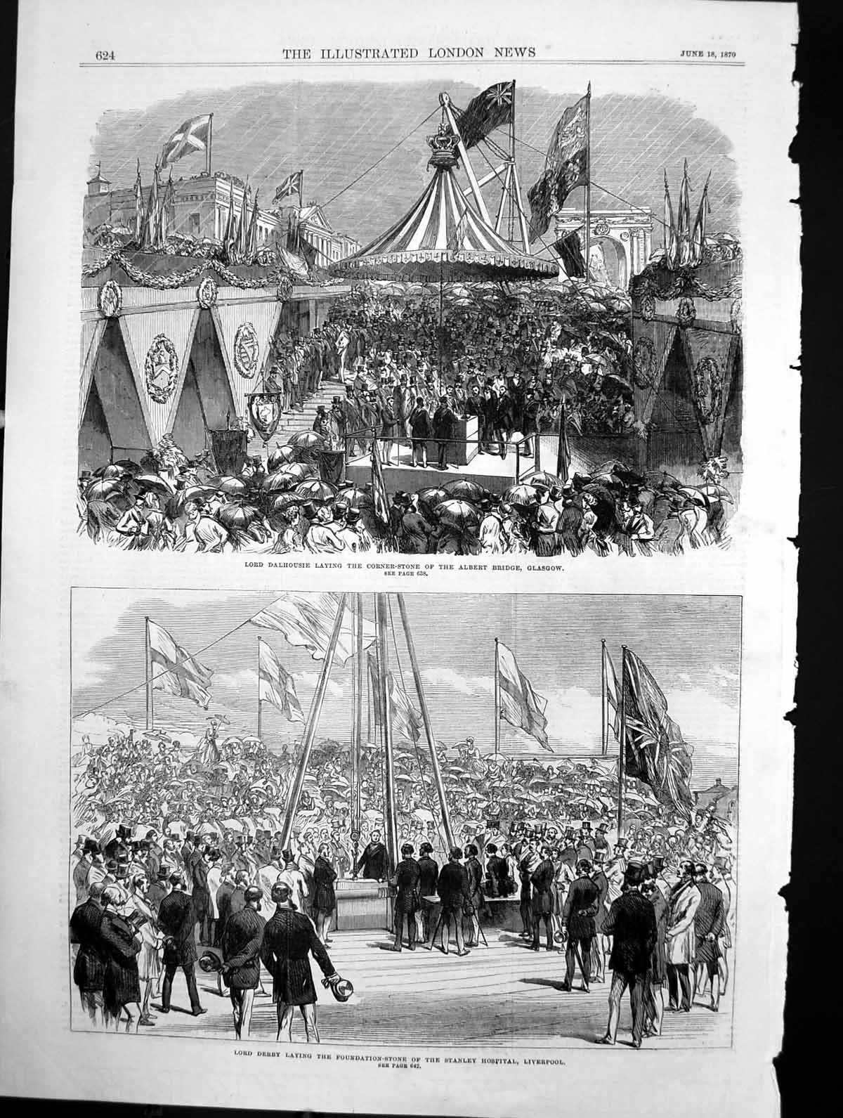 Old Print Dalhousie Albert Bridge Glasgow Stanley Hospital Liverpool 1870 19th
