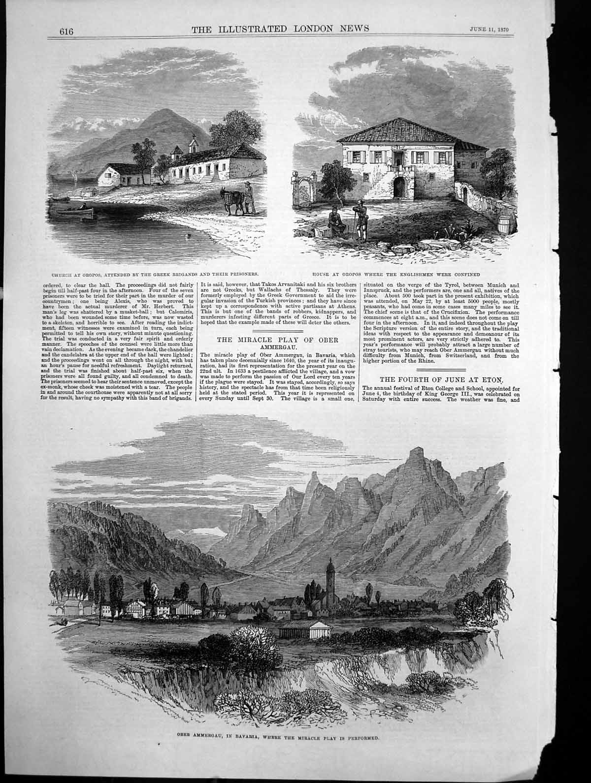 Old Antique Print Miracle Play Ober Ammergau Church Oropos Prisoners 1870 19th