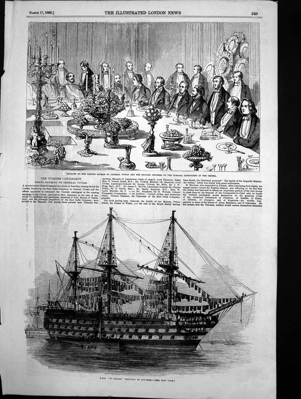 Antique Old Print Hms St George Banquet Vivian Turkish Contingent Crimea 1855