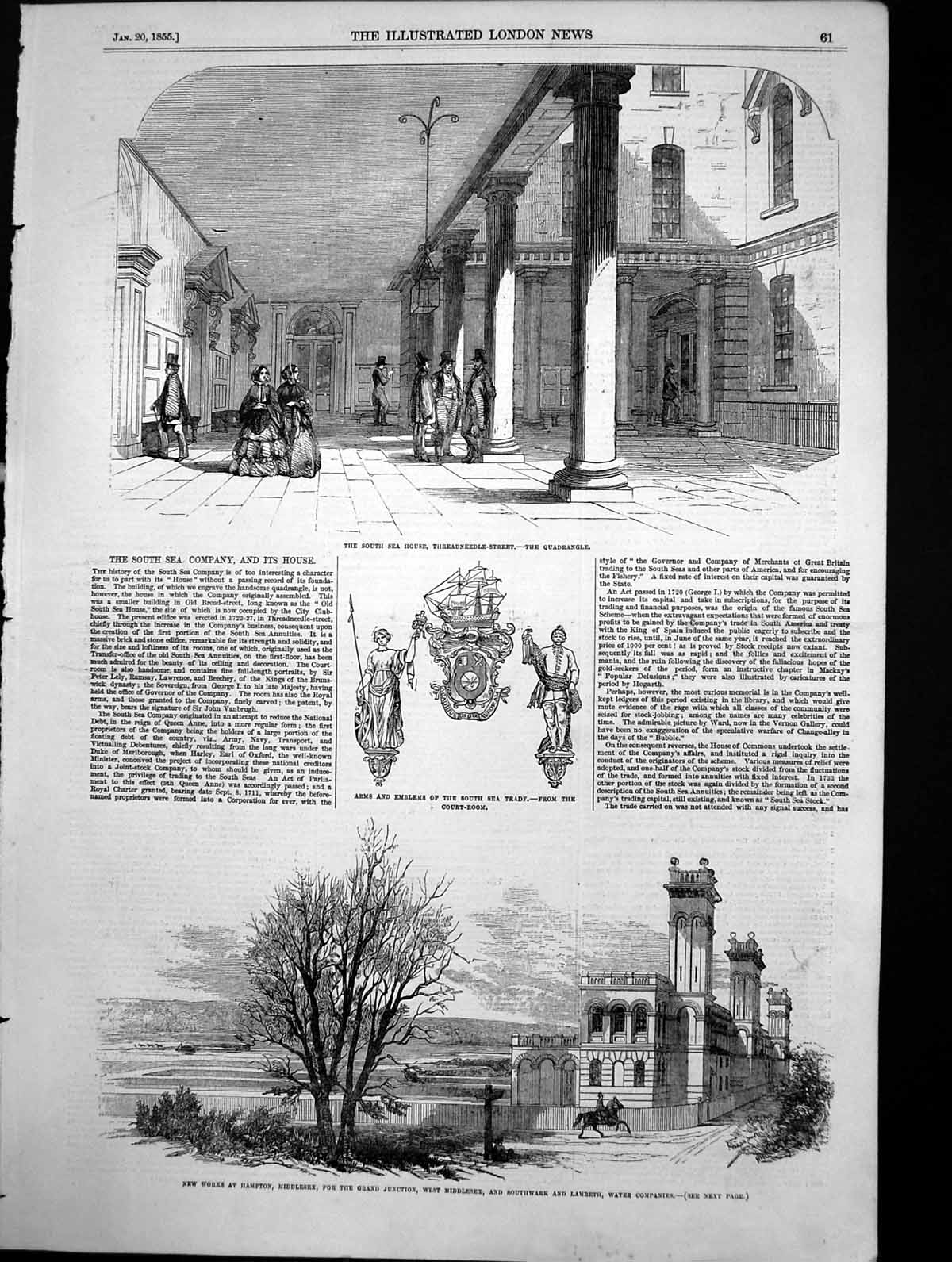 Antique Old Print South Sea House Works Hampton Water Companies Lambeth 1855