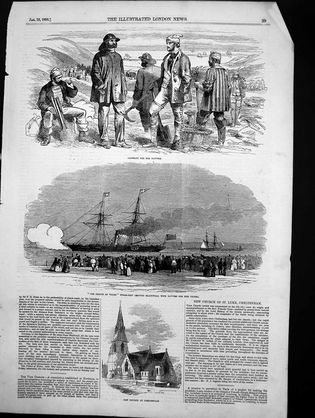 Old Antique Print Prince Wales Ship Navvies Crimea Church Cheltenham 1855 19th