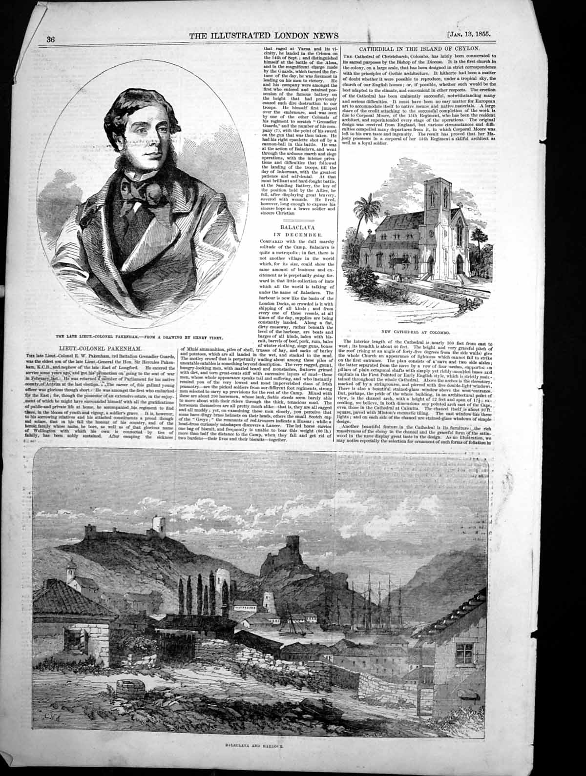 Old Antique Print Lieut Col Pakenham New Cathedral Colombo Balaclava 1856 19th