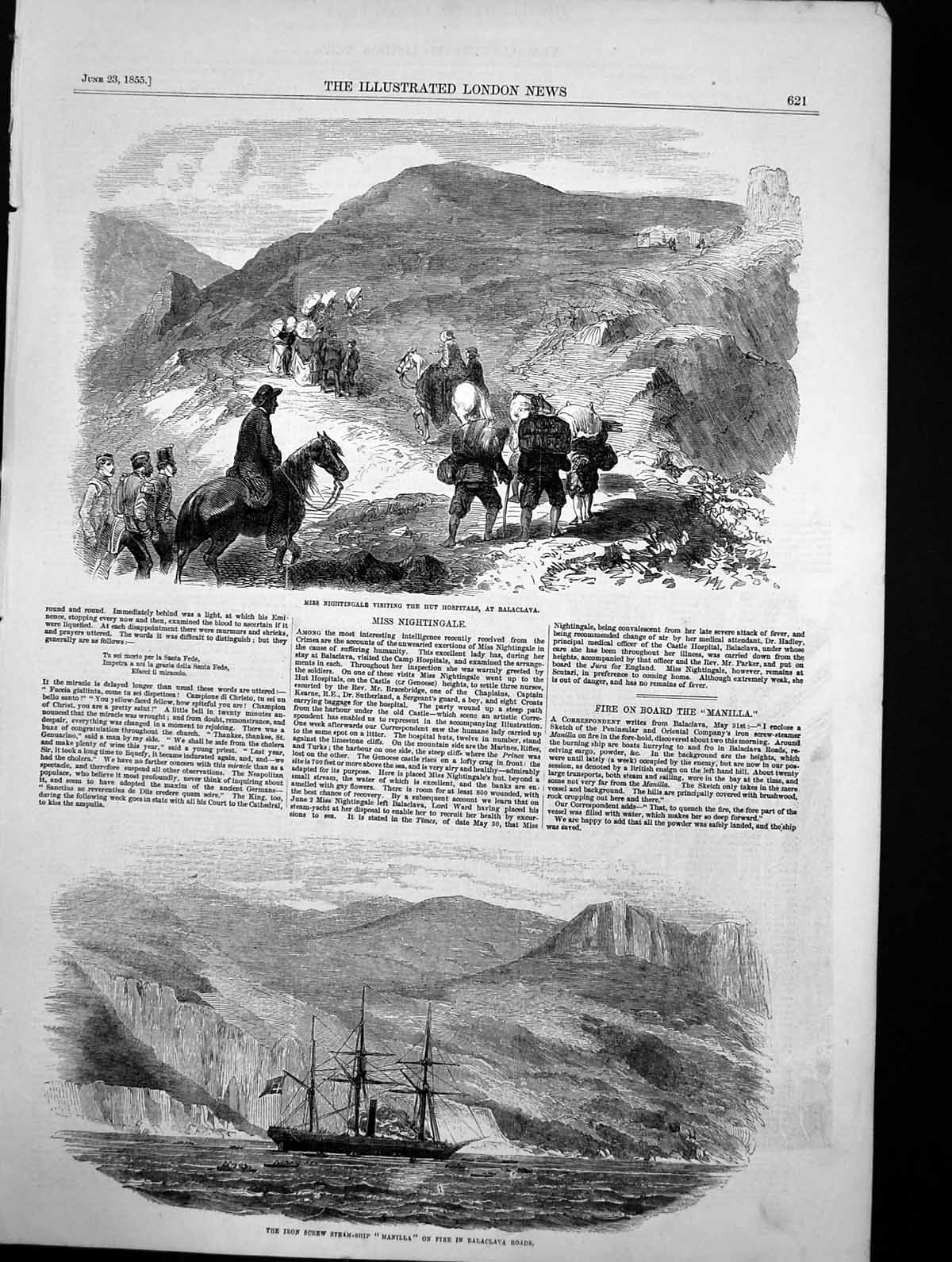 Antique Old Print Miss Nightingale Hospital Balaclava Steam Ship Manilla 1855
