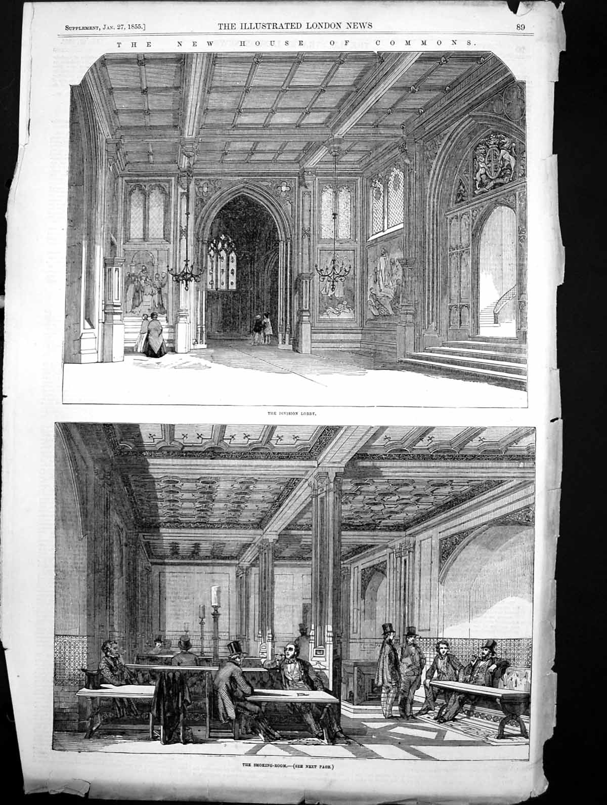 Original Old Antique Print New House Commons Division Lobby Smoking Room 1855