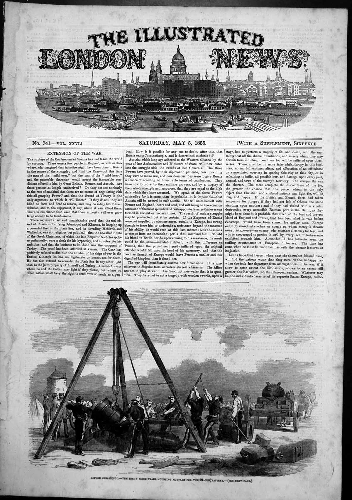 Antique Old Print Before Sebastopol Siege Train Mortars 21Gun Battery 1855