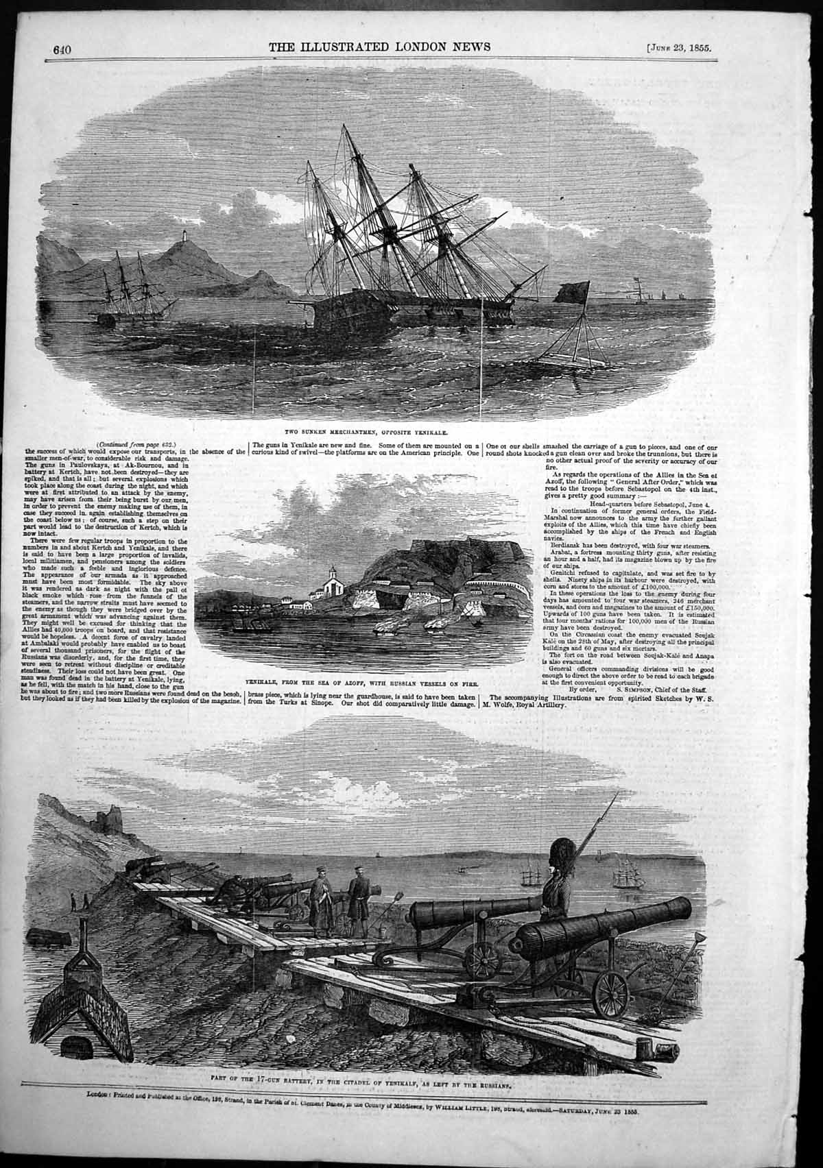 Antique Print Yenikale Russian Ships Fire Sunk 17 Gun Battery Citadel 1855
