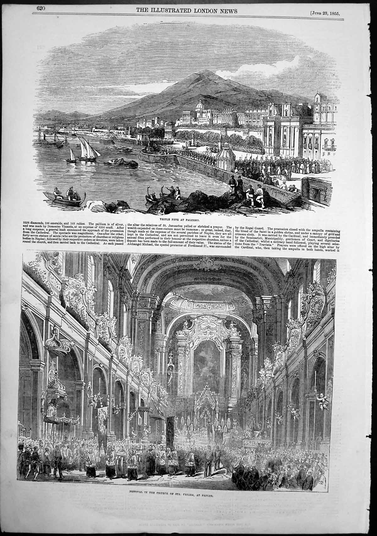 Antique Old Print Triple Fete Palermo Festival Church Sta Chara Naples 1855
