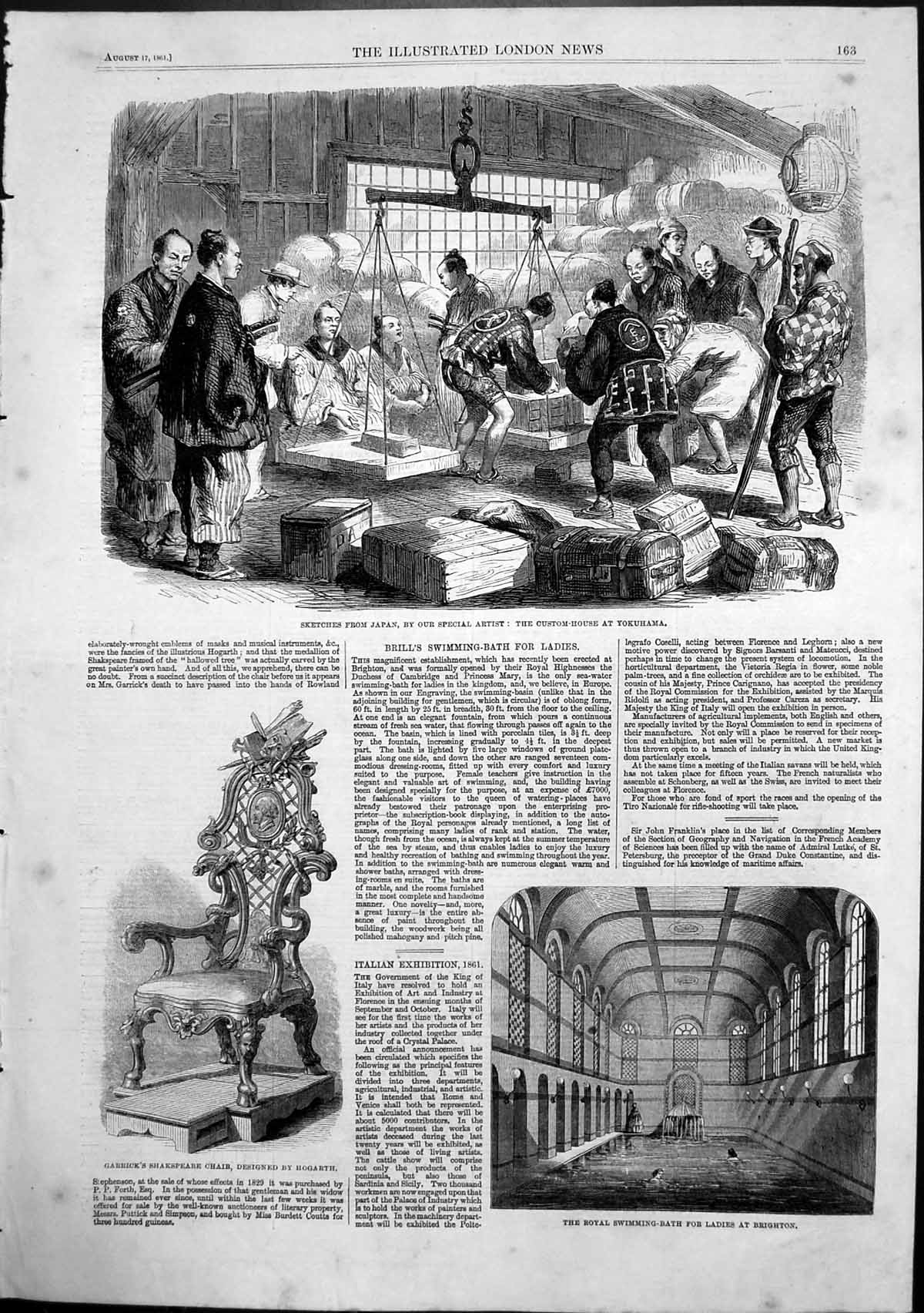 Old Antique Print Japan Custom House Yokuhama Swimming Bath Brighton 1861 19th