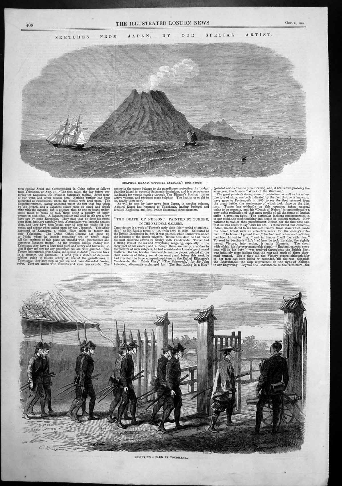 Original Old Antique Print Japan Relieving Guard Yokohama Sulphur Island 1863