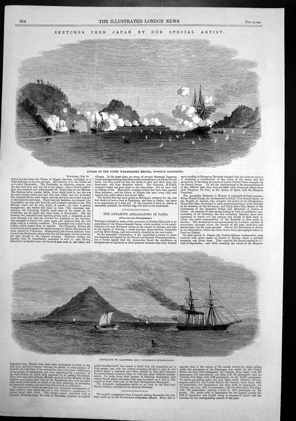 Old Antique Print Japan Kagosima Bay Satzumas StronghAttack Medusa 1863 19th