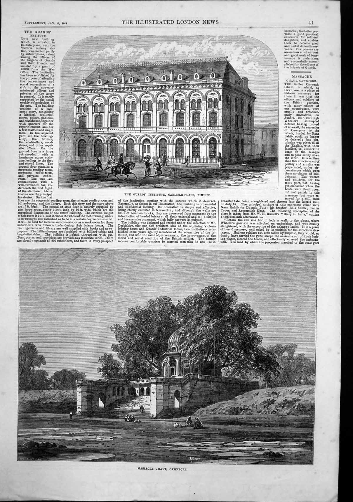 Old Antique Print Massacre Ghaut Cawnpore Guards Institute Pimlico 1868 19th