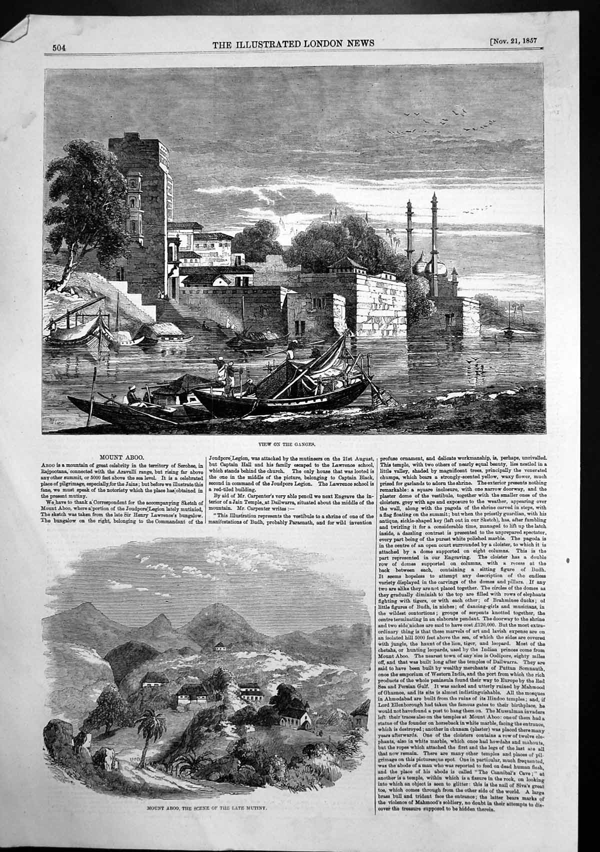 Original Old Antique Print Mount Aboo Scene Mutiny View Ganges River Boats 1857