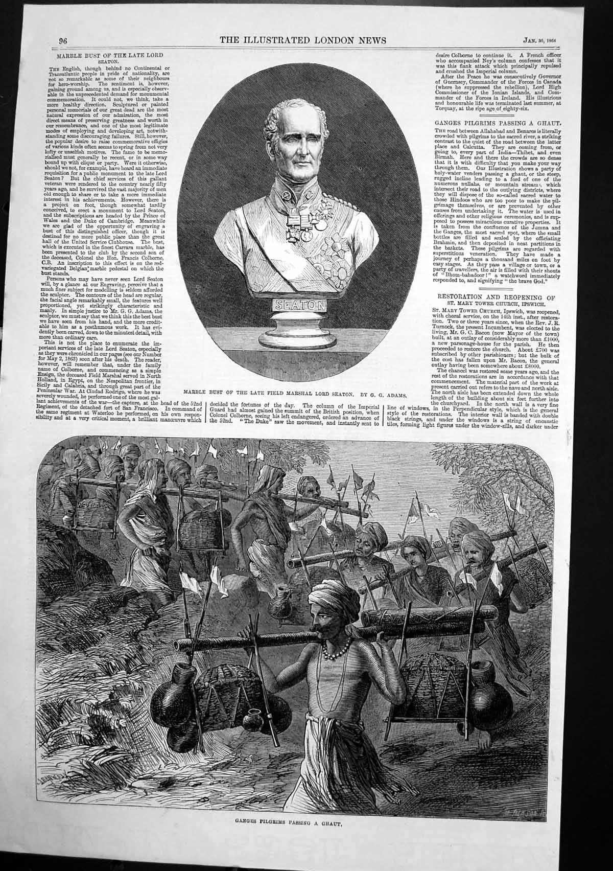 Old Print Ganges Pilgrims Pass Ghaut Bust Field Marshal Lord Seaton 1864 19th