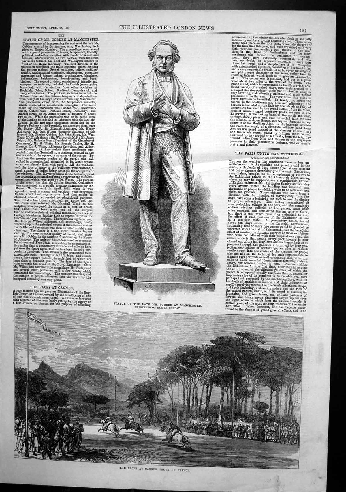 Antique Old Print Statue Mr Cobden Manchester Races Cannes South France 1867