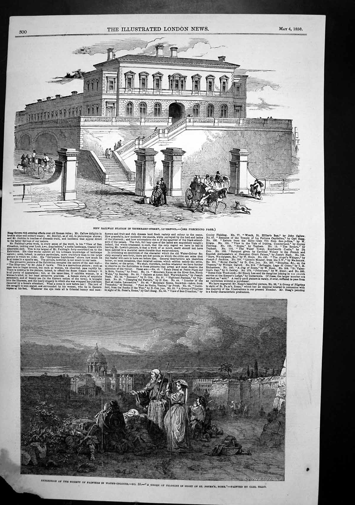 Old Antique Print Pilgrims St Peters Rome Railway Station Liverpool 1850 19th